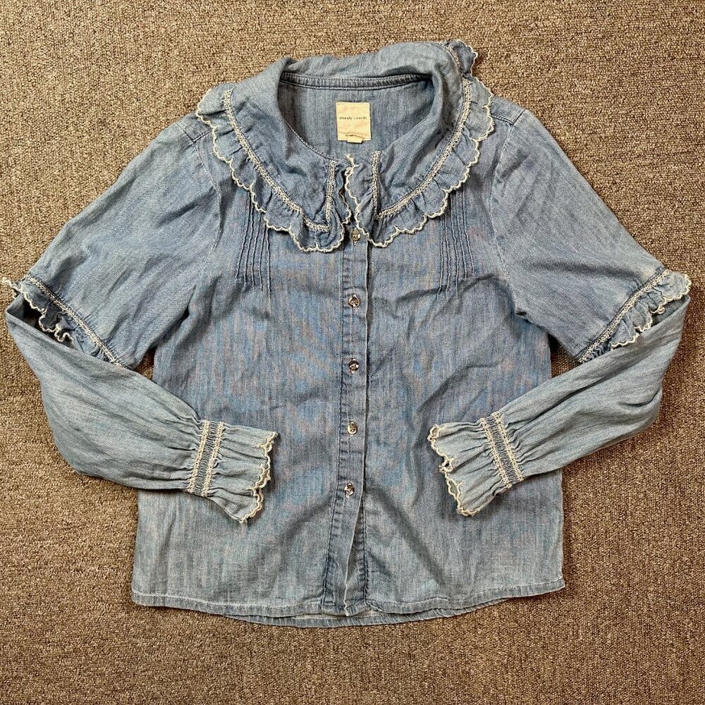 seventy + mochi Phoebe Ruffled Collar Blouse in Light Chambray Denim Size 2 - Picture 2 of 8